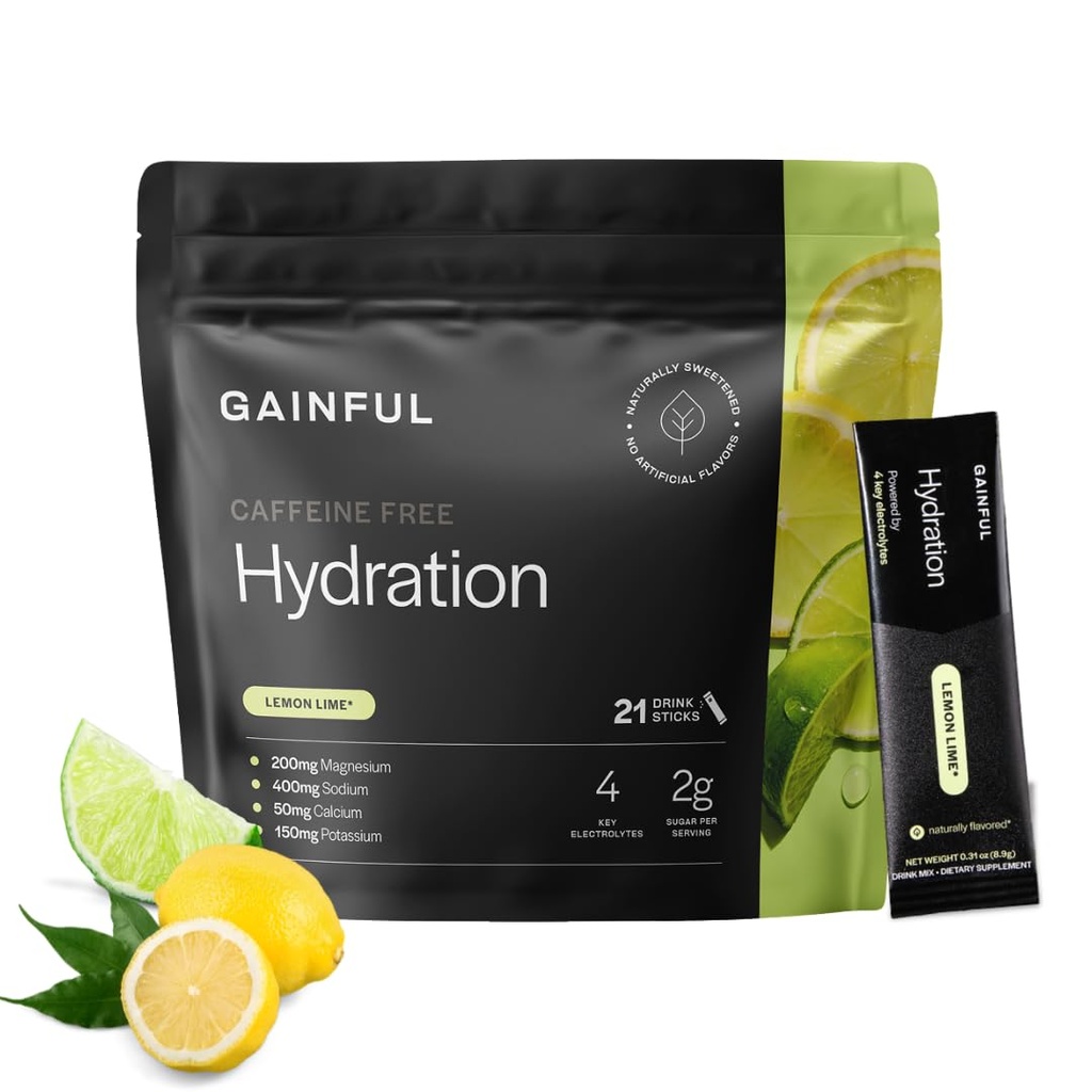Gainful Hydration Powder Packets, Caffeine Free with Key Electrolytes Magnesium and Sodium, Energy Support, Low Sugar, Lemon Lime, 21 Sticks