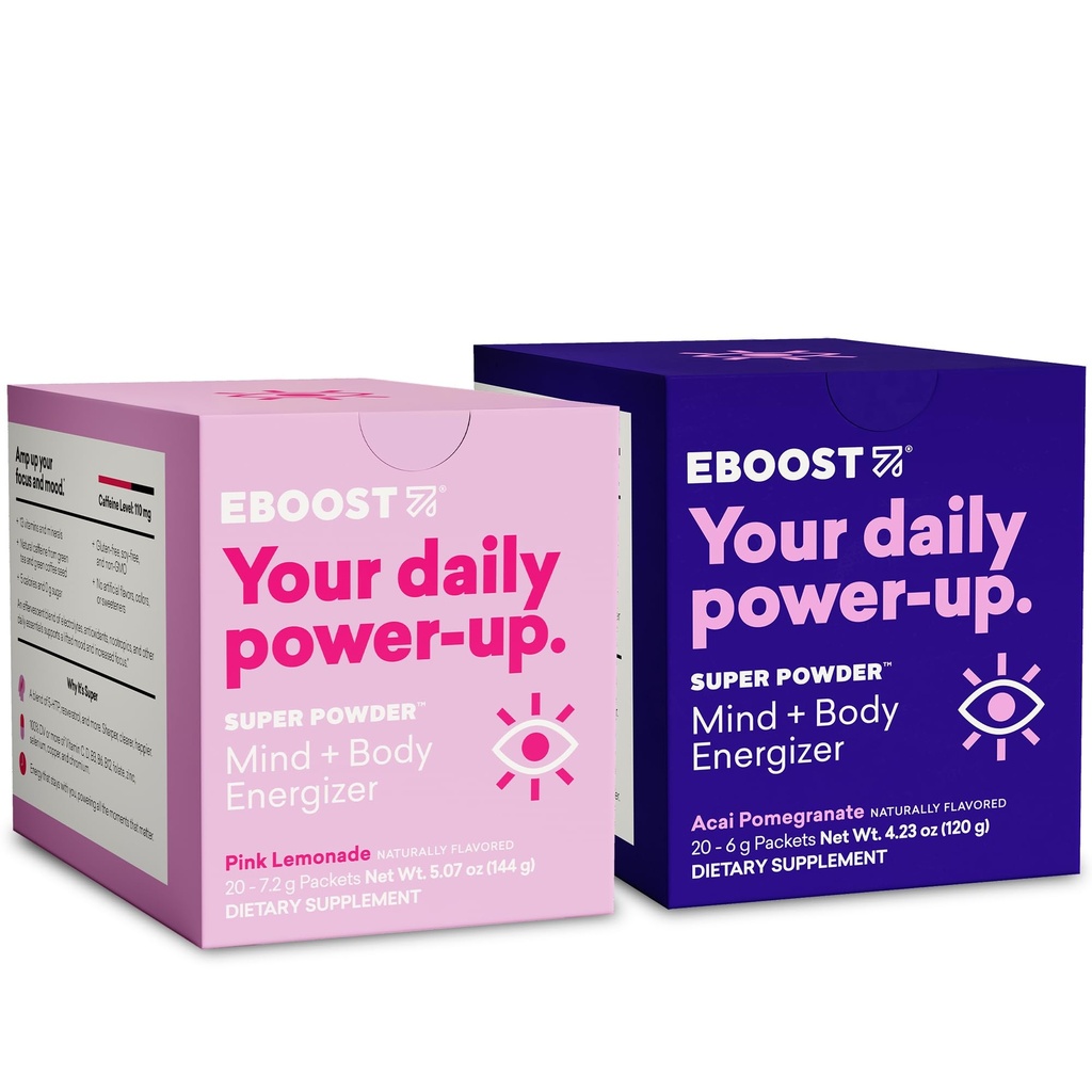 EBOOST Super Powder Drink Mix Acai Pomegranate and Pink Lemonade 20 Pack Hydration Energizer Electrolytes Powder 13 Vitamins Minerals 110 mg Caffeine No Added Sugar Bundle
