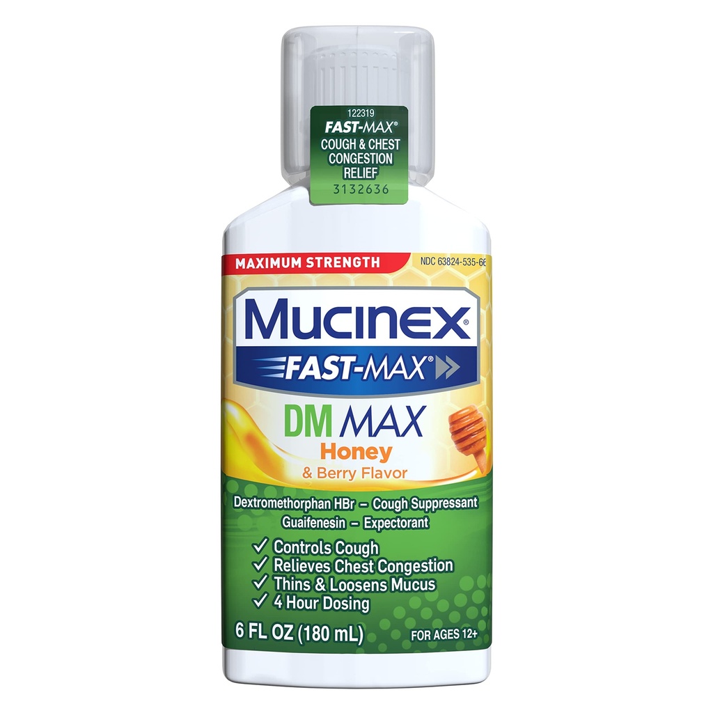 Mucinex Fast-Max Maximale sterkte DM MAX, Symptoom Relief, Cough Suppressant en Expectorant, Honey & Berry Flavor, 6 FL OZ