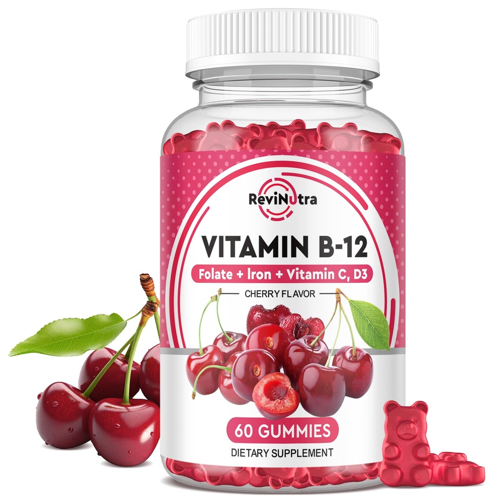 Vitamine B12 Gummies - 5000 mcg Methylcobalamine met ijzer, vitamine C, D3 & Folaat, energie ondersteuning en metabolisme, Immune, B-12 Complex Kauwbare Supplement voor mannen en vrouwen, Vegan- 60 Tel.