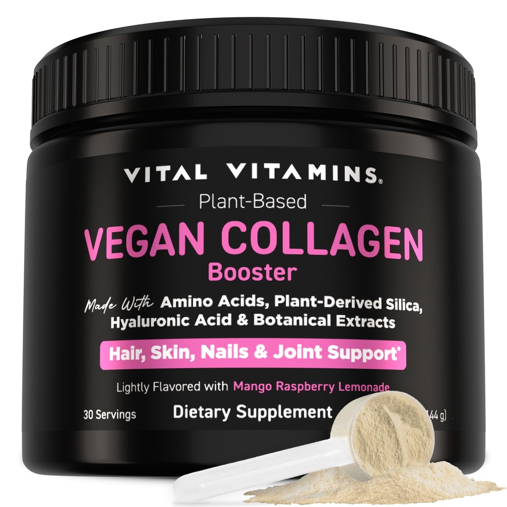 Vital Vitamins Vegan Collagen Booster Powder - Made with Amino Acids, Silica, Hyaluronic Acid, & Botanical Extracts - Plant-Based - Mango Raspberry Lemonade Flavor - Hair, Skin, Nails - 30 Servings