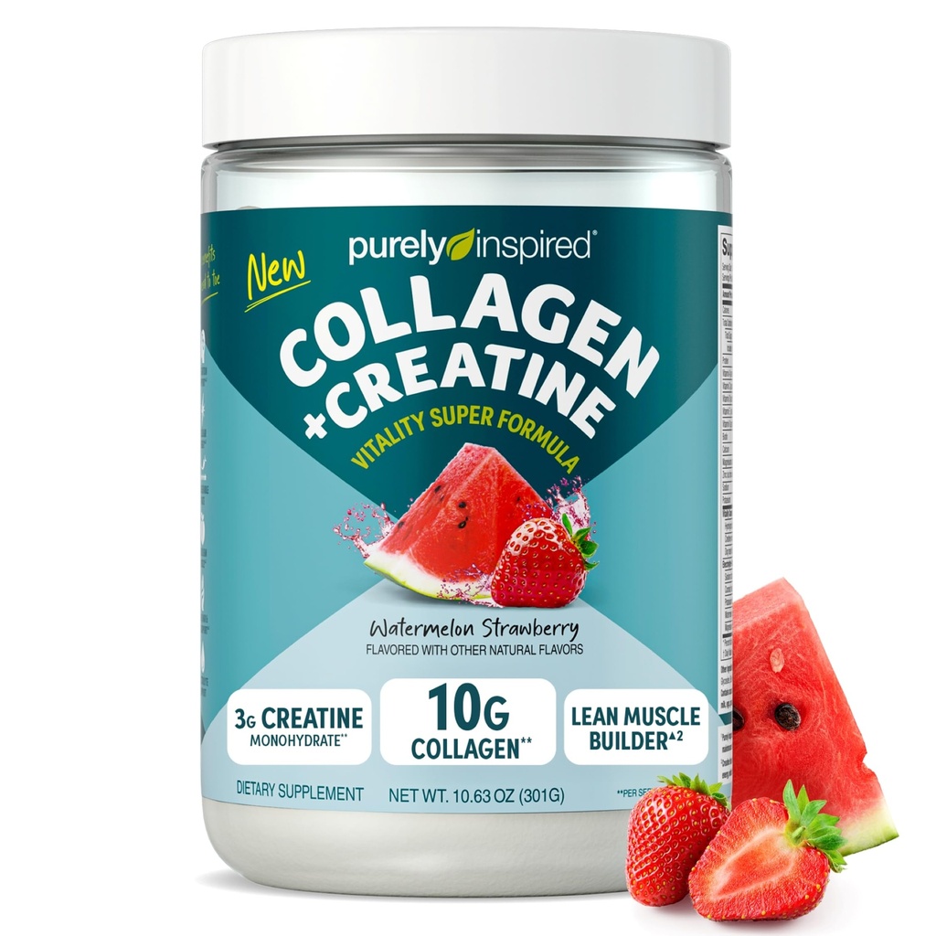 Purely Inspired Collagen and Creatine Powder, Watermelon Strawberry - 10g Collagen & 3g Creatine Builds Lean Muscle - Flavored Drink Mix with Key Electrolytes - Gluten-Free & Zero Sugar