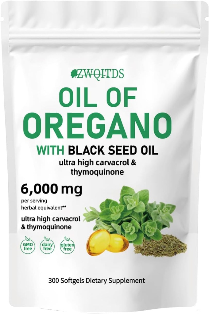 Olie van Oregano met Black Seed Oil 2-in-1 Softgels 6000mg 300 Graaf Non-GMO Immune Support Kruidenformule