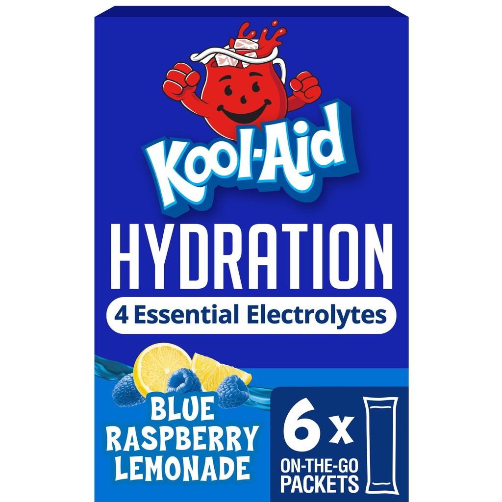 Kool-Aid Hydration Electrolyte Powder Drink Mix, 6 On-the-Go-Packets, for Easy and Flavorful Hydration, Blue Raspberry Lemonade Artificial Flavor, Zero Sugar, No Artificial Dyes, 1.32 oz Box