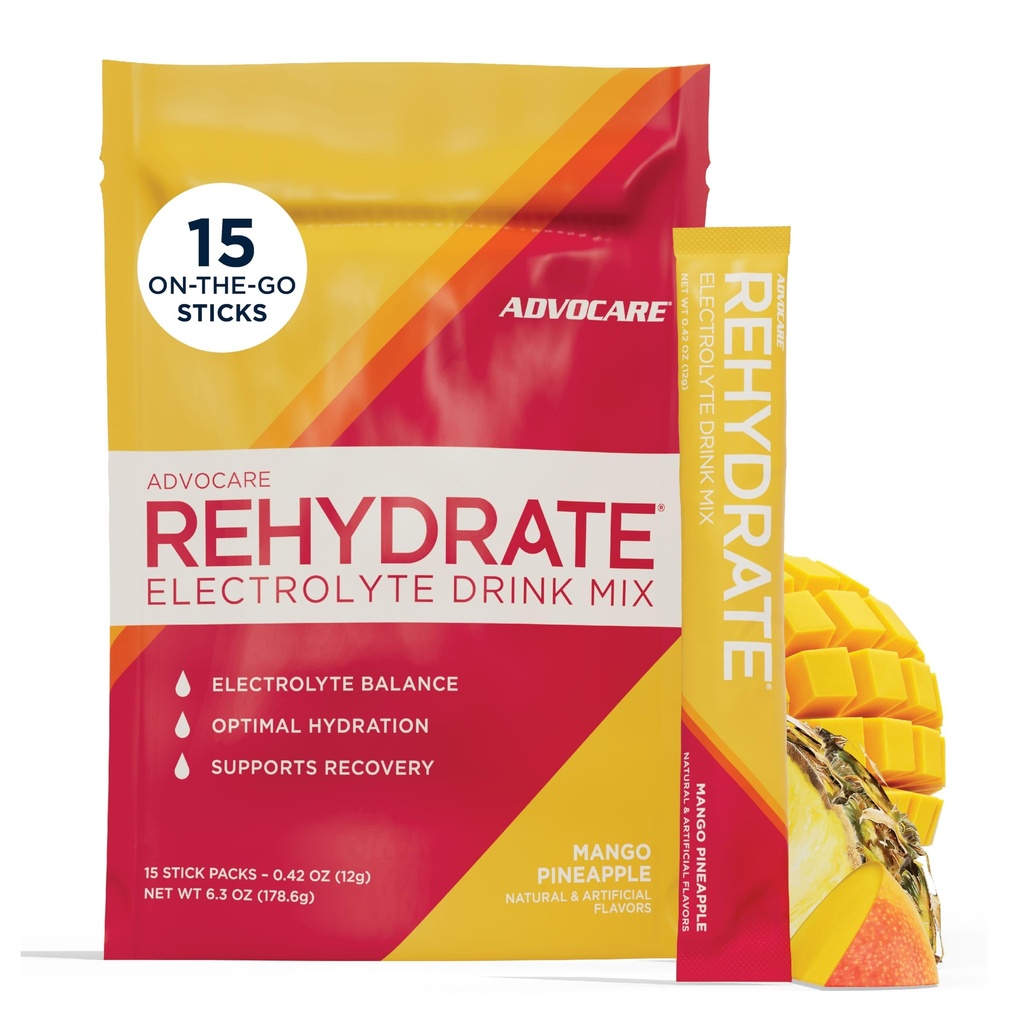 AdvoCare Rehydrate - Electrolyte Drink Mix - Includes Magnesium, Sodium, Potassium & Calcium - Antioxidant & Amino Acid Fortified - Hydration & Recovery - Mango Pineapple, 15 Stick Packs (6.3 oz)