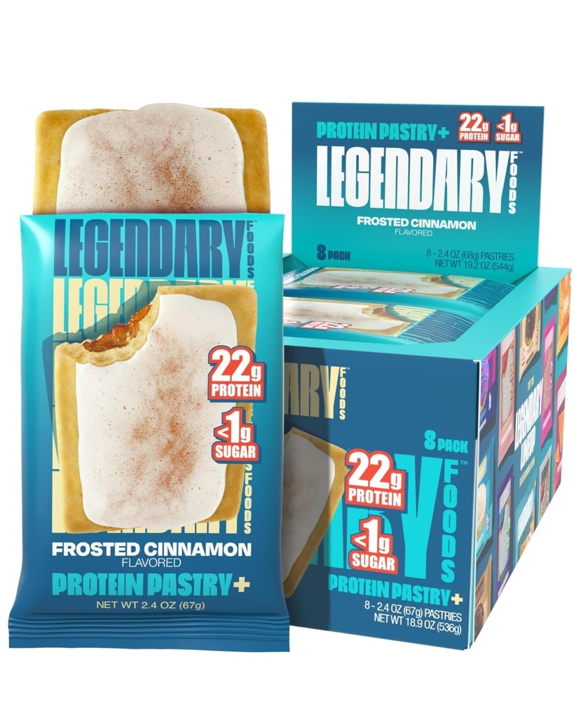 Legendary Foods 22g Protein Pastry 0g Added Sugar, Low Carb, Gluten Conscious, Keto Snack, Ideal for Glucose Management, Includes Whey Protein Isolate, 8 Pack Frosted Cinnamon