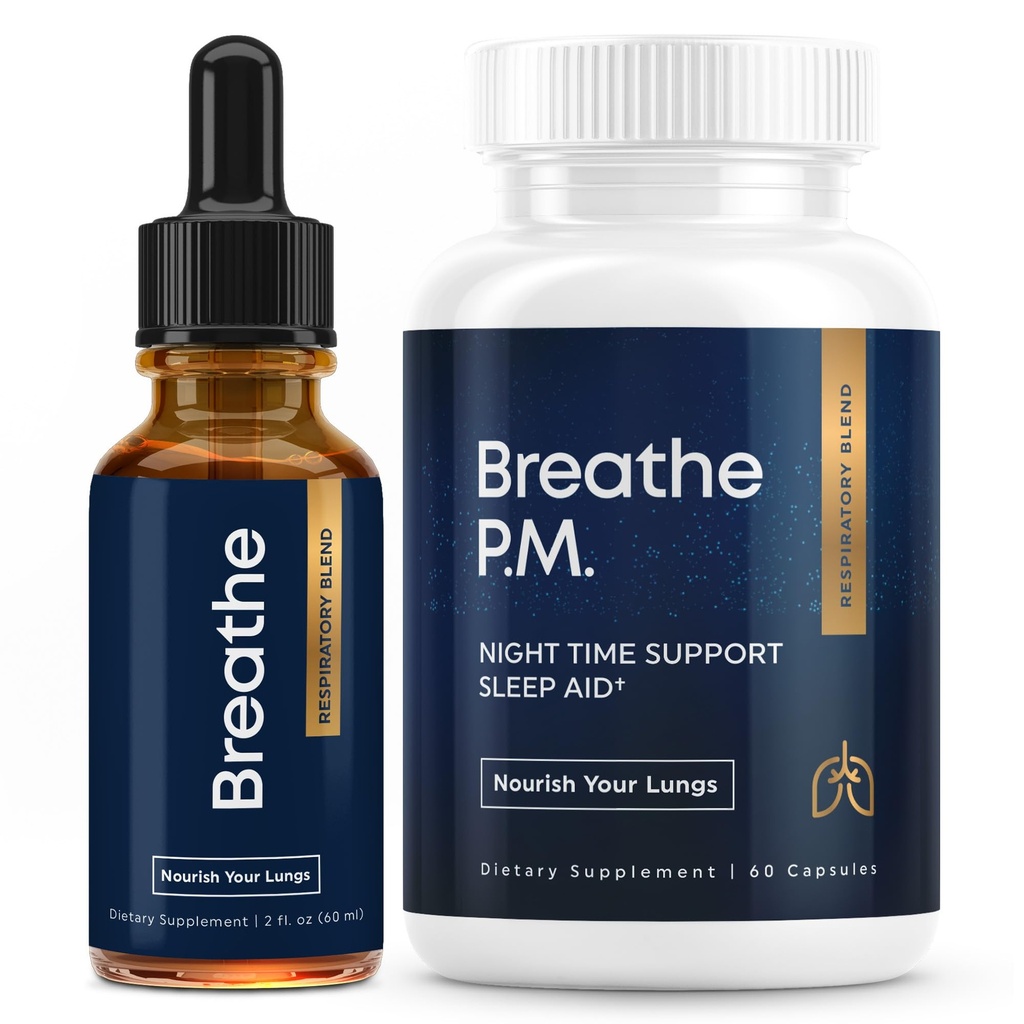 BREATHE & BREATHE PM Bundle - 60 Caps & 2fl.oz. Mullein Drops for Lungs & Airways: Peppermint, Thyme, & Mullein Leaf Extract for Lungs Detox for Smokers - Clear Mucus & Breathe - GMO-Free & USA-Made