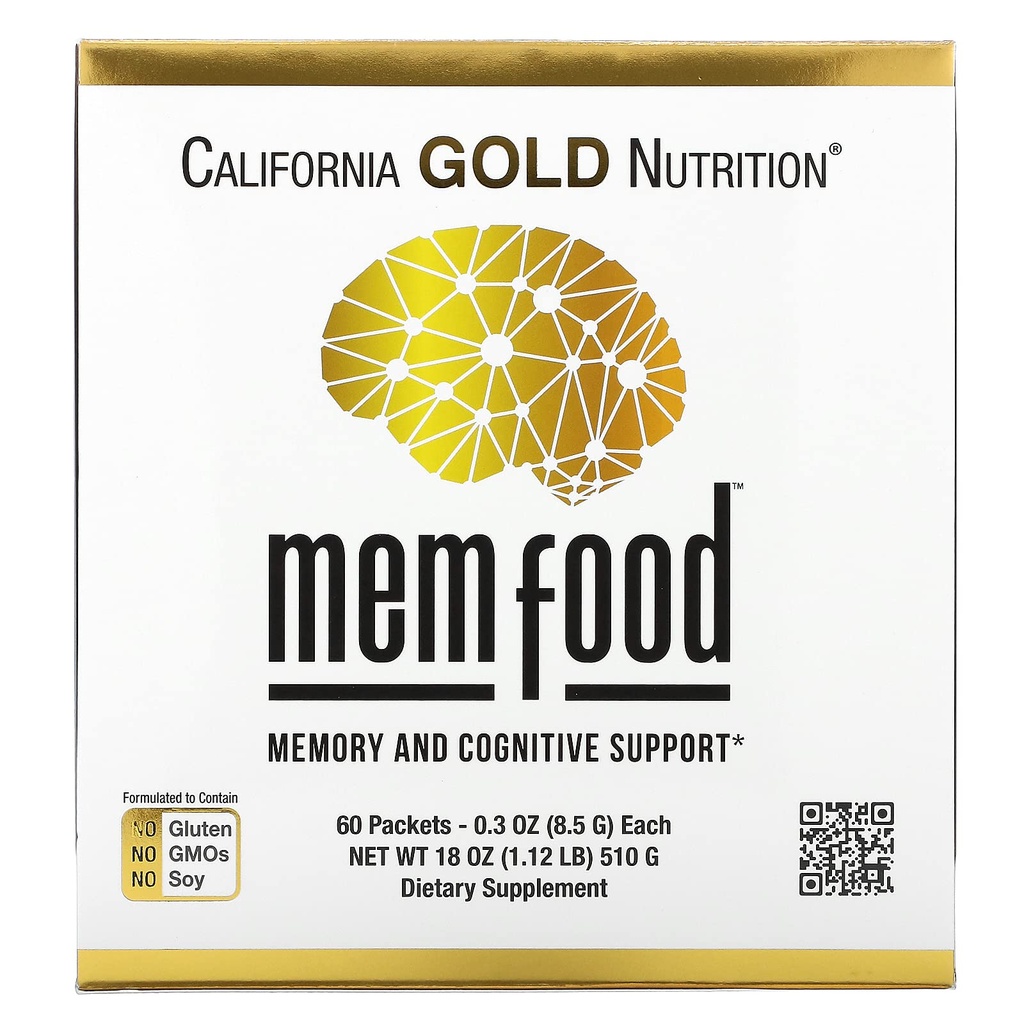 California Gold Nutrition MEM Food, Memory & Cognitive Support with MEM Blend, L-Serine, Organic Lion's Mane and Blueberry Juice Powder, 60 Packets, 0,3 oz (8,5 g) Elk