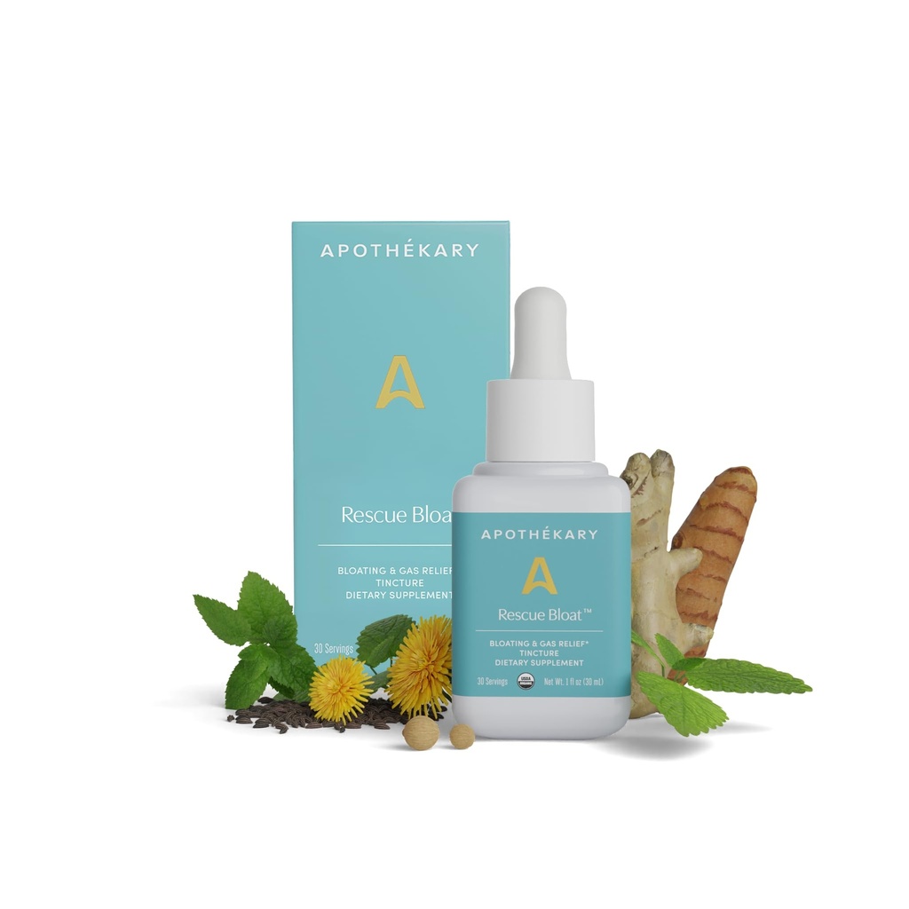 Apothékary Rescue Bloat, Fast-Acting Digestive Drops for Occasional Gas and Bloat Relief, Herbal Liquid Drops with Peppermint, Lemon Balm, Dandelion, Ginger, Turmeric, Made in USA, 1 fl oz 30 Servings