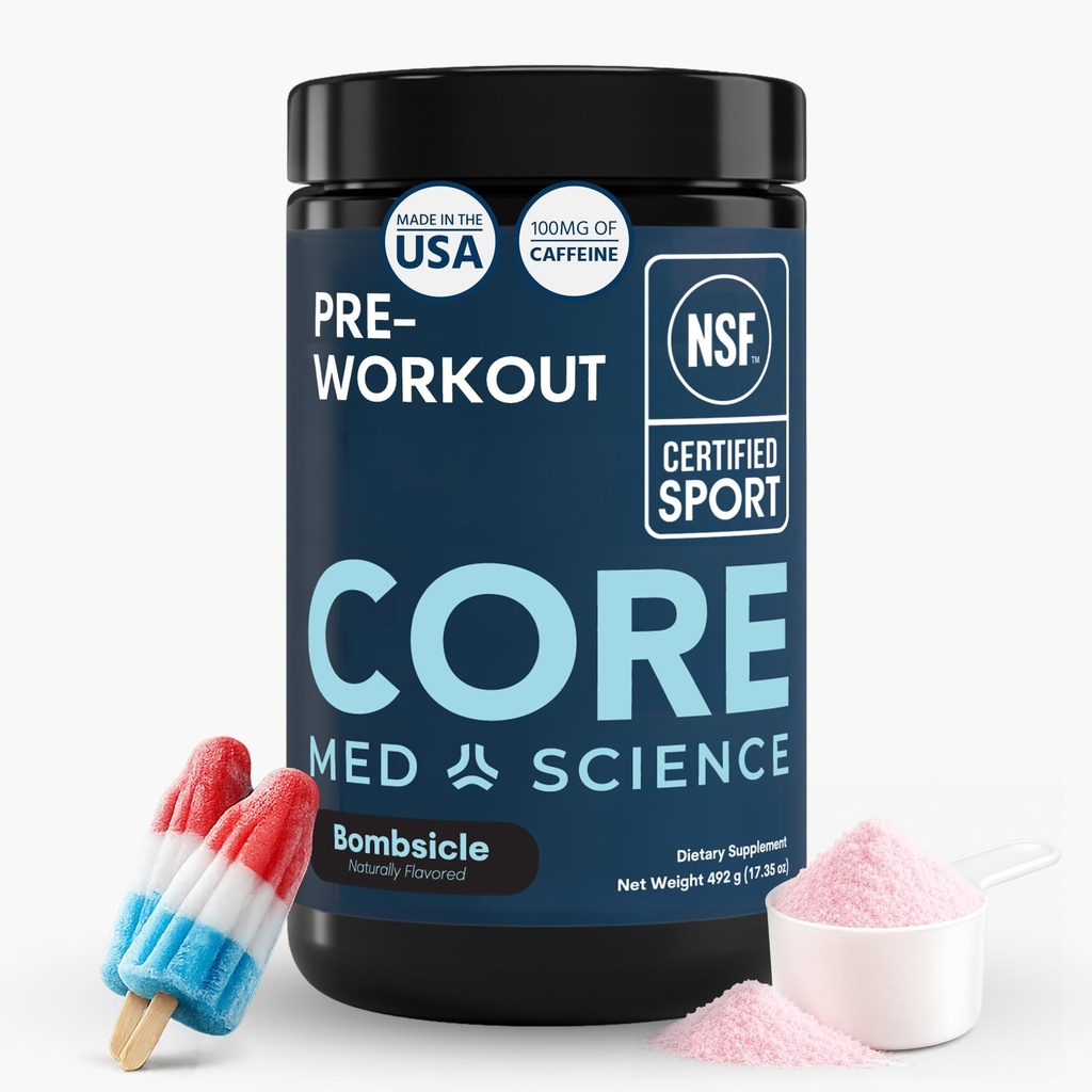 Core Med Science Pre Workout Powder for Men & Women - NSF Certified for Sport - Low Stim with Caffeine, L-Citrulline, Beta Alanine & Alpha GPC for Clean Energy, Focus & Pumps - Bombsicle, 30 Servings