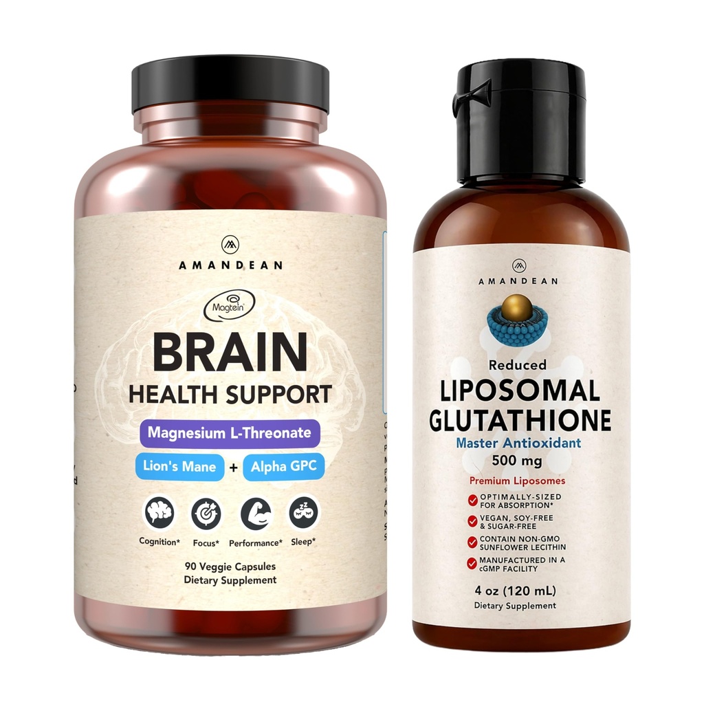 AMANDEAN Premium Brain Health Supplement & Liposomale Glutathion Bundle. Drievoudige Formule met Magnesium L-Threonate, USA-Grown Biologische Leeuwen Mane 6:1 Extract en Alpha-GPC. Ondersteuning Cognition, Focus &