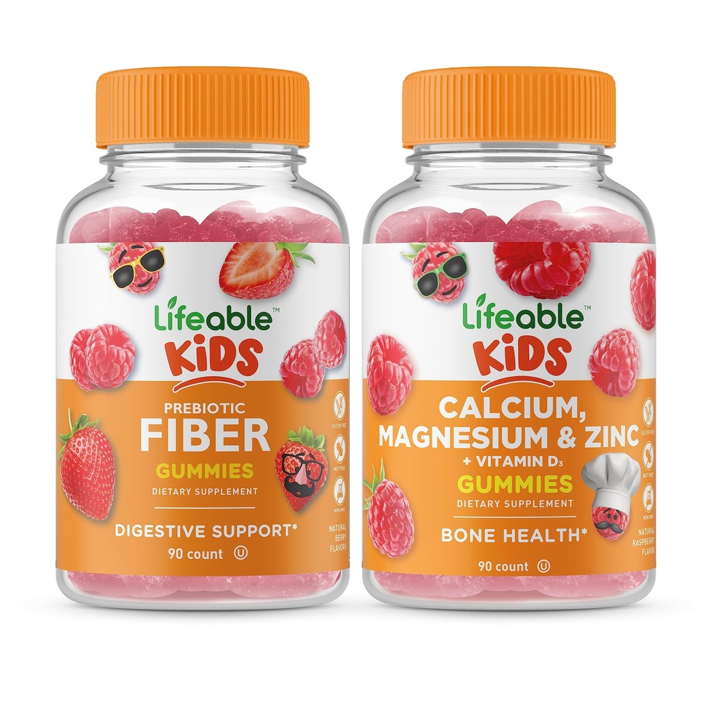 Levensbaar Prebiotic Fiber Kids + Calcium Magnesium & Zink Kids, Gummies Bundle - Grote Proeverij, Vitamine Supplement, Glutenvrij, GGO vrij, Kauwbare Gummy