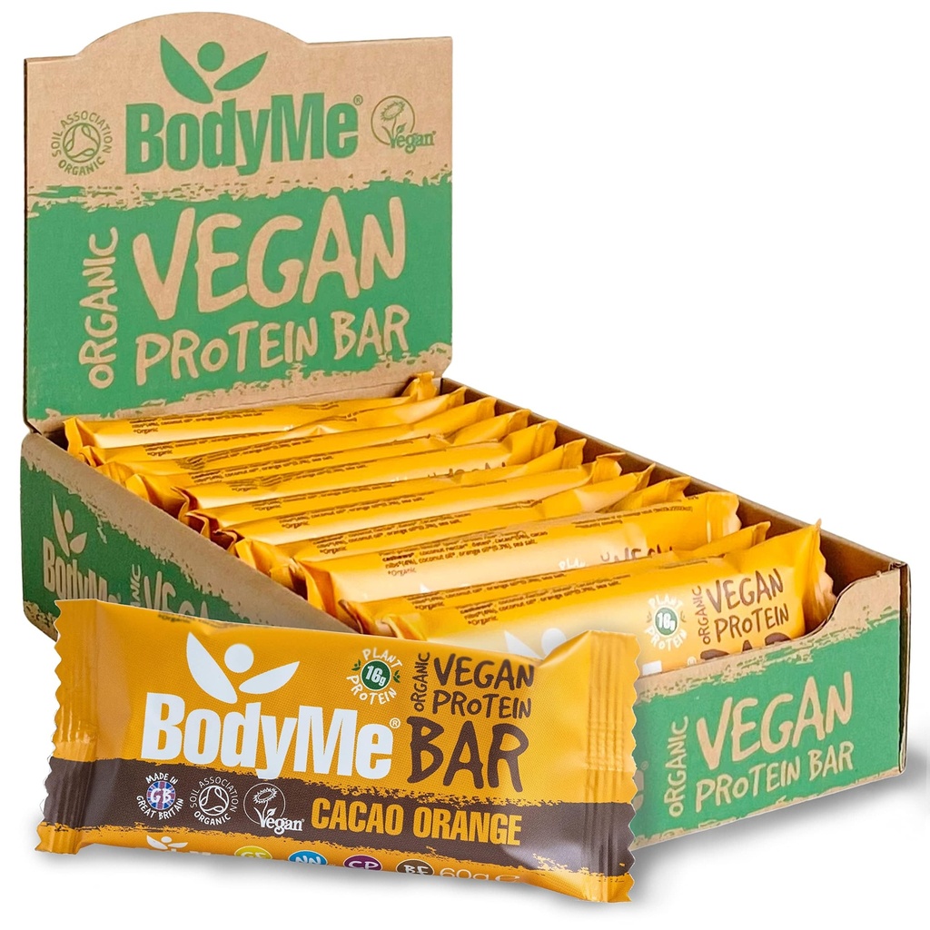 BodyMe Organic Vegan Protein Bar | Raw Cacao Orange | Box of 12 x 60g (2.12oz) | with 3 Plant Proteins