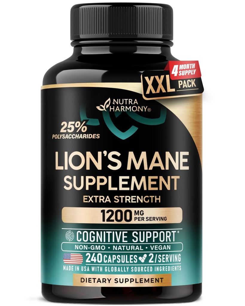 Lions Mane Supplement Capsules - for women & Men - Organic Lions Mane - Fruiting Bodies Extract - 1200 mg, 25% Polysaccharides - Memory & Focus Support - As Lions Powder - 240 Capsules, 4 Month Supply