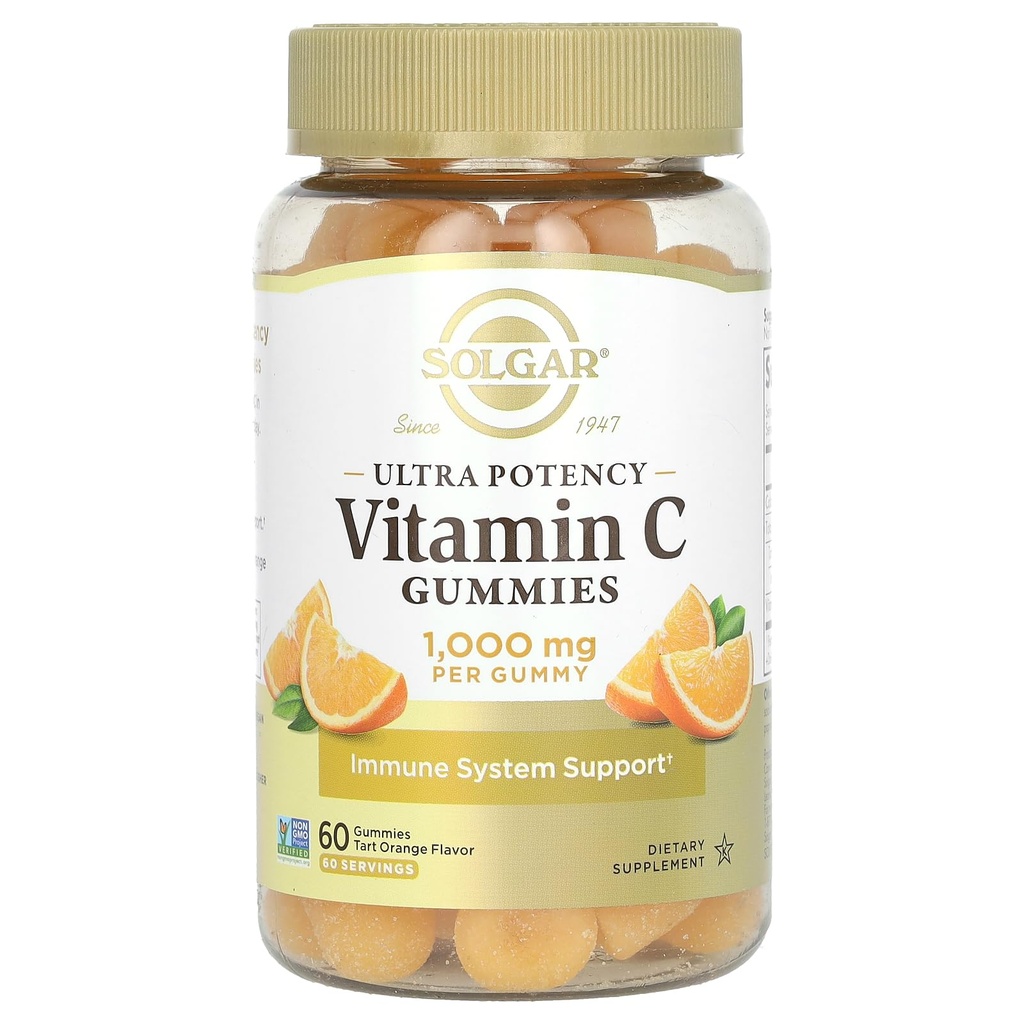 Solgar Vitamine C Gummies voor volwassenen 1000mg Ultra Potency Vitamine C Immuunsysteem Ondersteuning voor vrouwen en mannen - Tasty Tart Oranje Smaak, Veganistisch & Glutenvrije Gummy, 2 maand levering, 60 porties, 2g Suiker