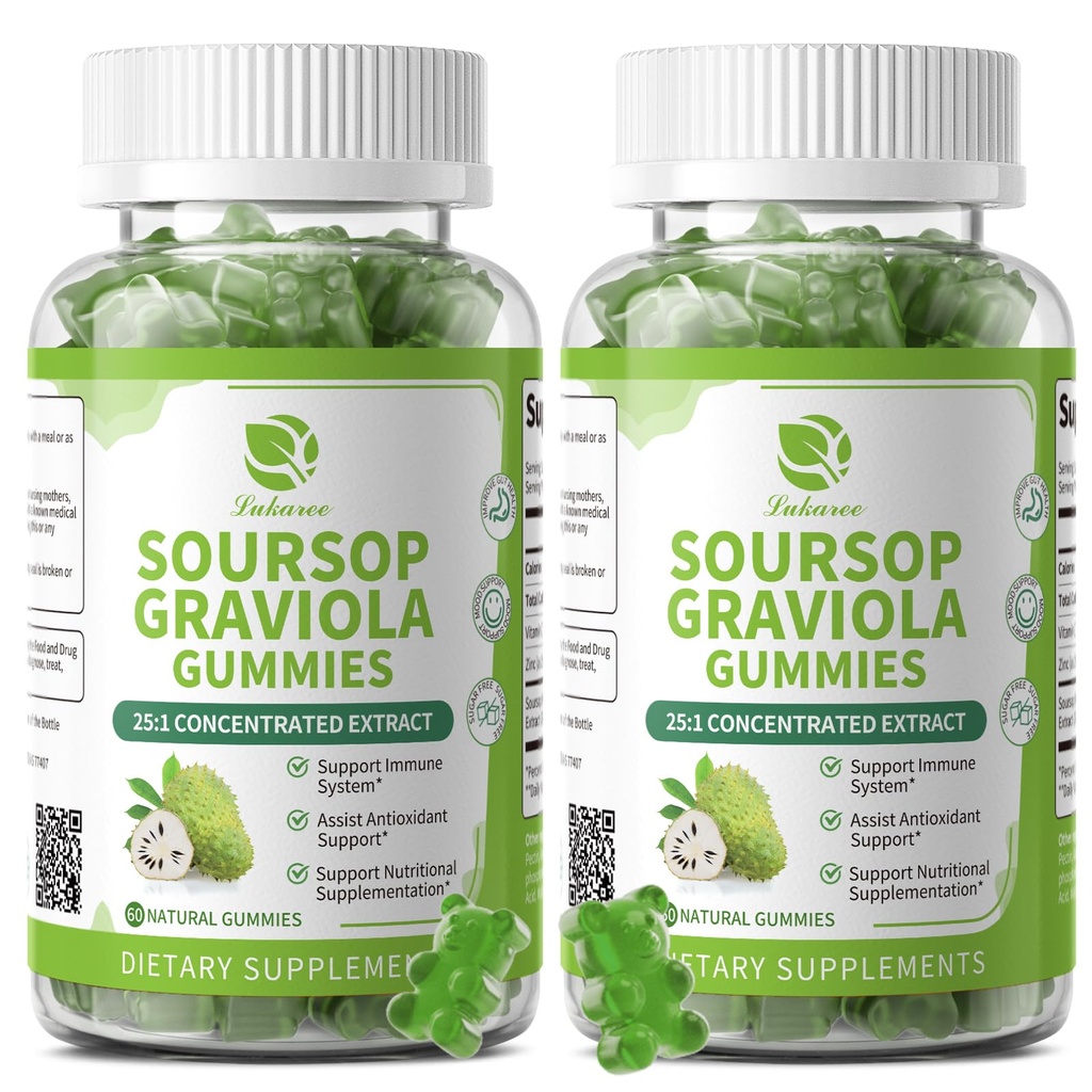(2 Pack) Sousop Graviola Gummies - Sousop Leaves Extract w/Vitamine C, Zink & Whole Natural Food for Immunity, Liver, Zzz & Antioxidant, Gluten Free, Veganistan, 120 Gummies