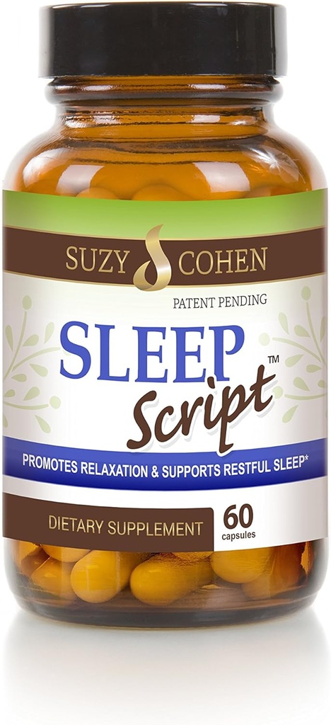 Suzy Cohen Sleep Script met Melatonine - Botanical Sleep and Relaxation Formula for Adults for Mood, Stress and Sleep, Bevat 5-HTP, L-theanine, Passionflower, Lemon Balm en GABA 60 Capsules.