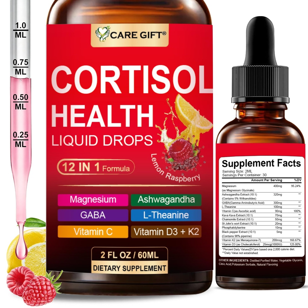 Cortisol Supplement Liquid Drops, 12-in-1 Cortisol Reducer for Women Men w/ Magnesium Glycinate Ashwagandha L-Theanine GABA for Relaxation Stress, Sleep Support Focus Support, Hormone Balance 2 Fl Oz