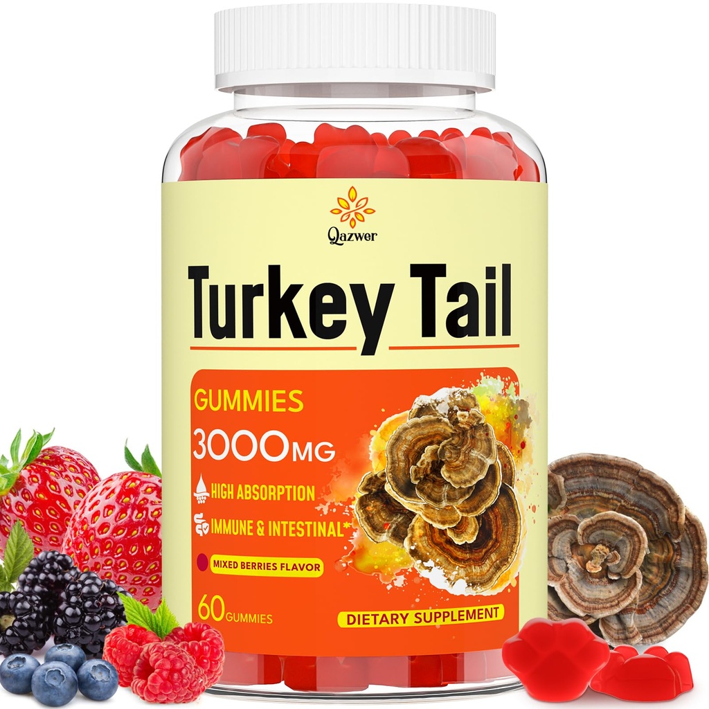 Turkije staart paddo, Turkije staart (100% vruchtlichaam, 40% Beta Glucans) toevoegen Black Pepper, paddo Gummies for Gut, Energy, Brain & Immune Support, Mixed Berrys Flavor 