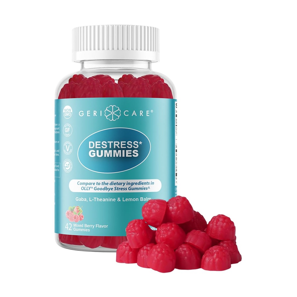 GeriCare DeStress Gummies with GABA, L-Theanine & Lemon Balm Mixed Berry Flavor – 42 Count – Supports Relaxation & Mental Clarity – Non-GMO, Gluten-Free, Vegan