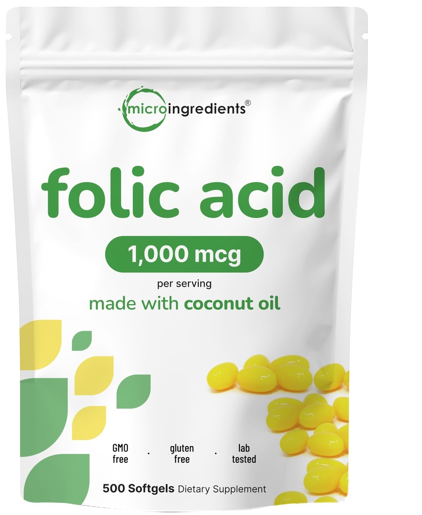 Acide folique 1 000 mcg, 500 softgels à l'huile de coco (1mg)