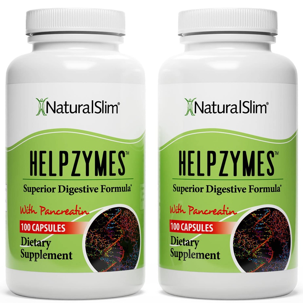 NaturalSlim Helpzymes, Enzyme Complex for Adults with Bromelain, Ox Bile, Pancrean & Betaine HCL,100 Capsules, 2 Pack