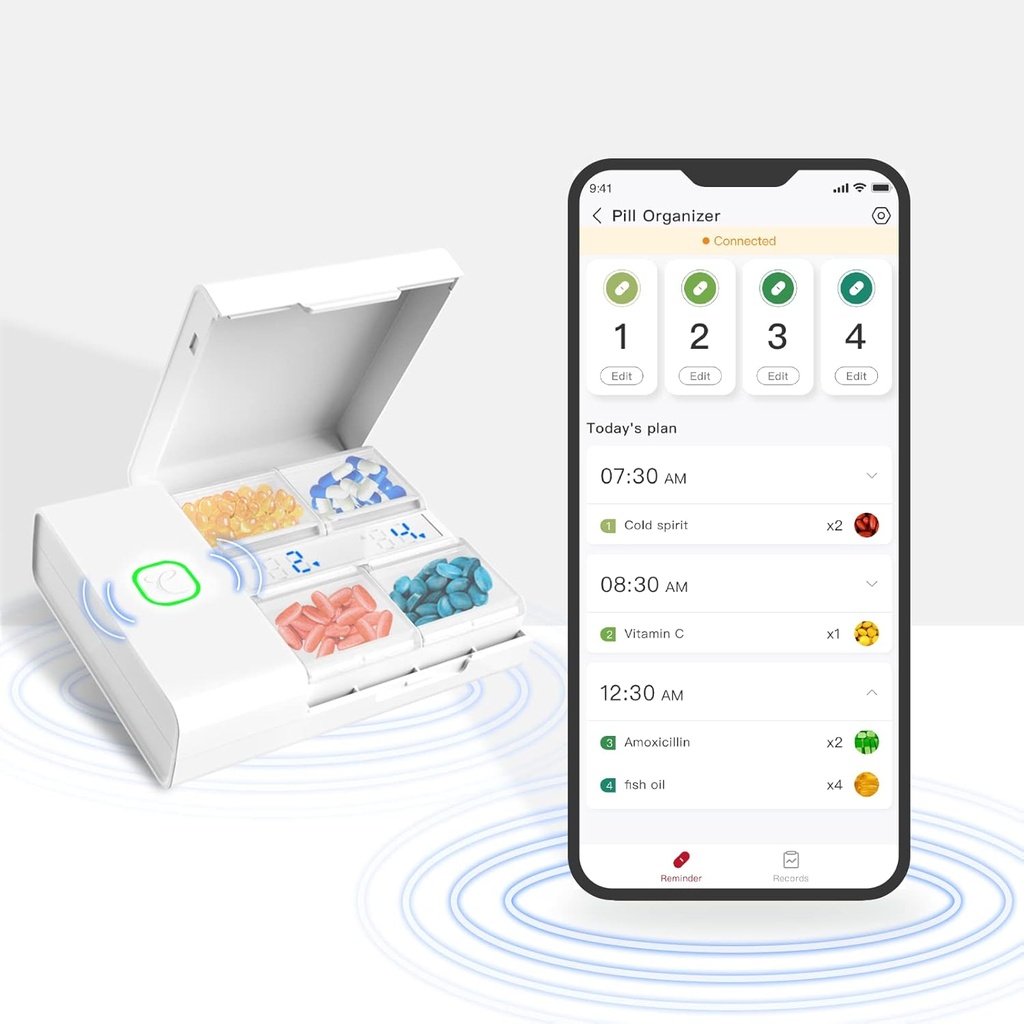 Comfytemp Medicine Box - Smart Medication Organizer met Gratis App, Pillen Plan op pil Box, Alarm Herinnering, 4 grote afdelingen, Oplaadbare Portable Travel Pillen Box voor Geneeskunde/Vitamins/Suplements