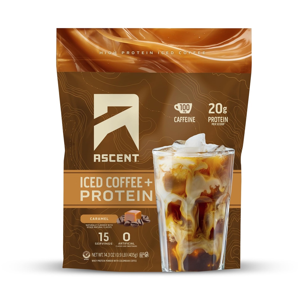 Ascent Caramel Iced Coffee Protein Powder - High Protein Powder, 20 g Protein & 100 mg Caffeine from Premium Colombian Coffee, Zero Artificial Flavors & Sweeteners - 15 Servings