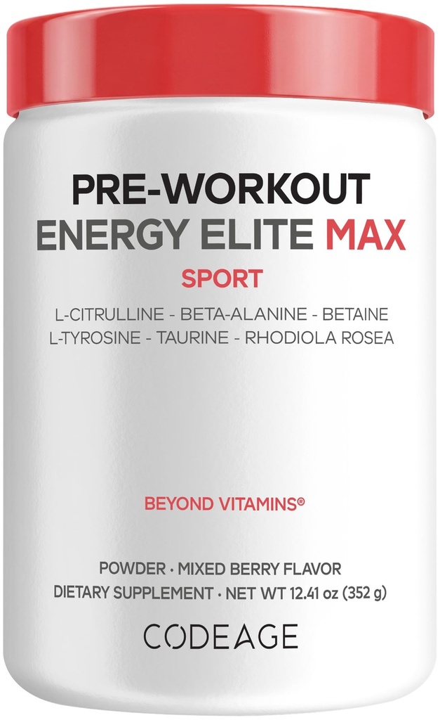 Codeage Pre-Workout Energy Elite Max - L-Citrulline, Beta-Alanine, Betaine, L-Tyrosine, Taurine, Rhodiola Rosea - Performance & Energy Workout Powder Supplement - Mixed Berry Flavor - 12.41 oz