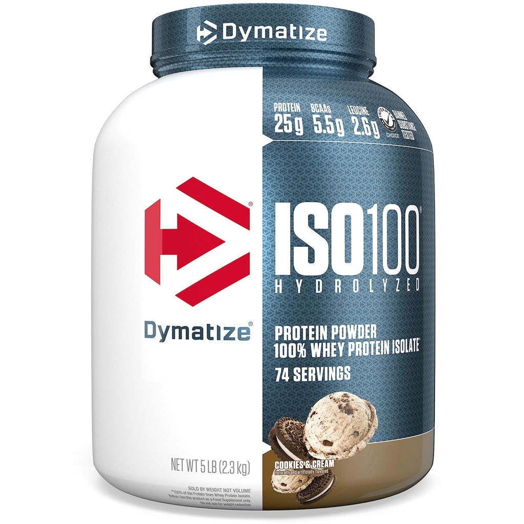 Dymatiseren ISO100 Wei Proteïnepoeder Isolaat, Cookies & Cream, 25g eiwit, 5 pond, 5.5g BCAA's, minder dan 120 Cal., Glutenvrij, 1g vet, 1g suiker, 2g carb (74 porties)