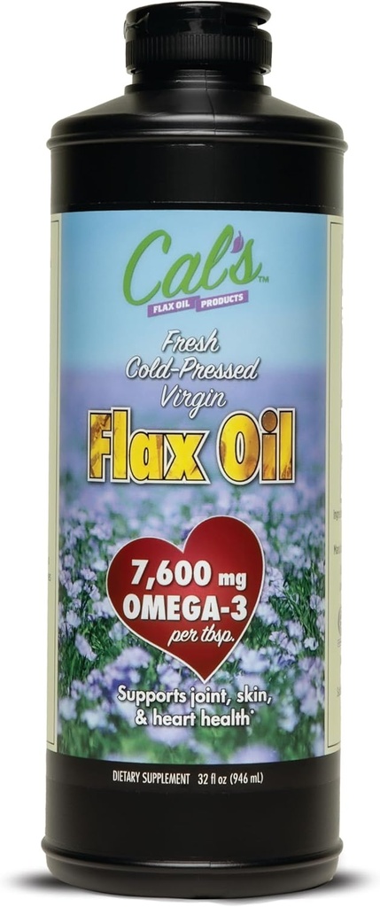 Cal's Vlasolie, koud geperst Vlaszaad, hoog in Omega 3 vetzuur, ongeraffineerde Vlaszaadolie, zuivere Vlaszaadolie Liquid Supplement voor gewrichts-, huid- en hartgezondheidsondersteuning - 32 oz