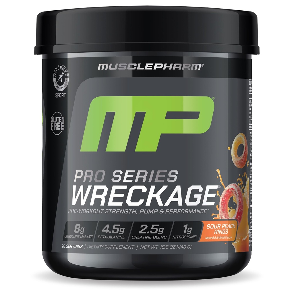 Muscle Pharm Pro Series Wreckage Pre Workout Powder | Professional Grade 8-in-1 Blend for Strength, Pump, Focus & Nitric Oxide Performance | Peach Ring, 15.5 oz, 20 Servings