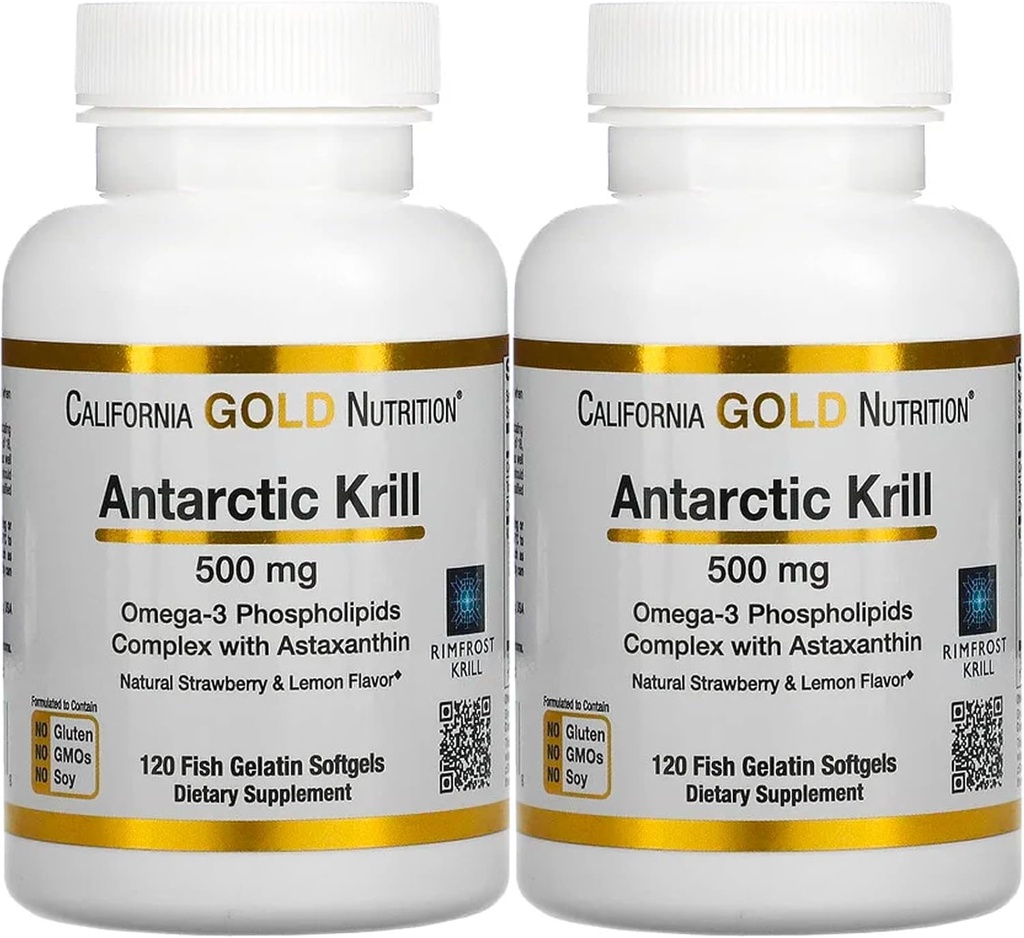 California Gold Nutrition Antarctic Krill Oil, Ultra-High Omega-3 met Astaxanthine, Natuurlijke Aardbei & Citroensmaak, Niet GGO, Glutenvrij, 500 mg, 120 Vis Gelatine Softgels, 2 Pack