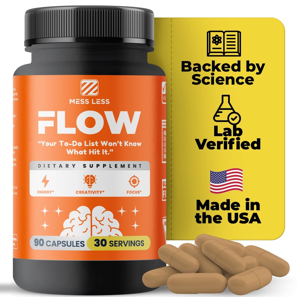 FLOW – Nootropic Brain Supplement for Focus, Memory, Creativity&Mental Clarity – Complete Daytime Cognitive Support with Lion’s Mane, Bacopa, Ginkgo, Guayusa | Vegan, Gluten-Free, Lab-Tested