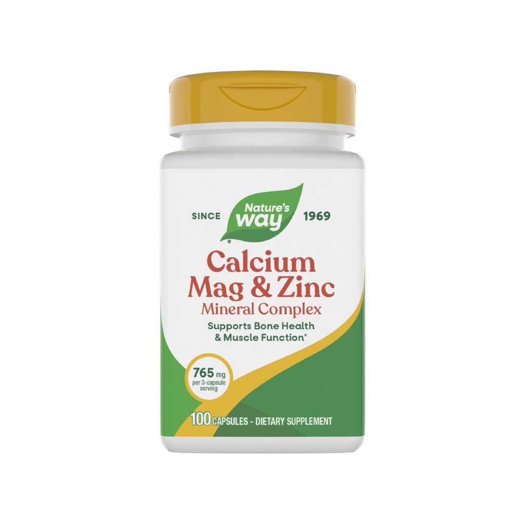 Nature's Way Calcium Magnesium & Zink Mineral Complex, ondersteunt Bone Health & Muscle Function*, Immune Support*, 765 mg per 3-capsule portie, Glutenvrij, 100 Capsules (Verpakking mei Vary)