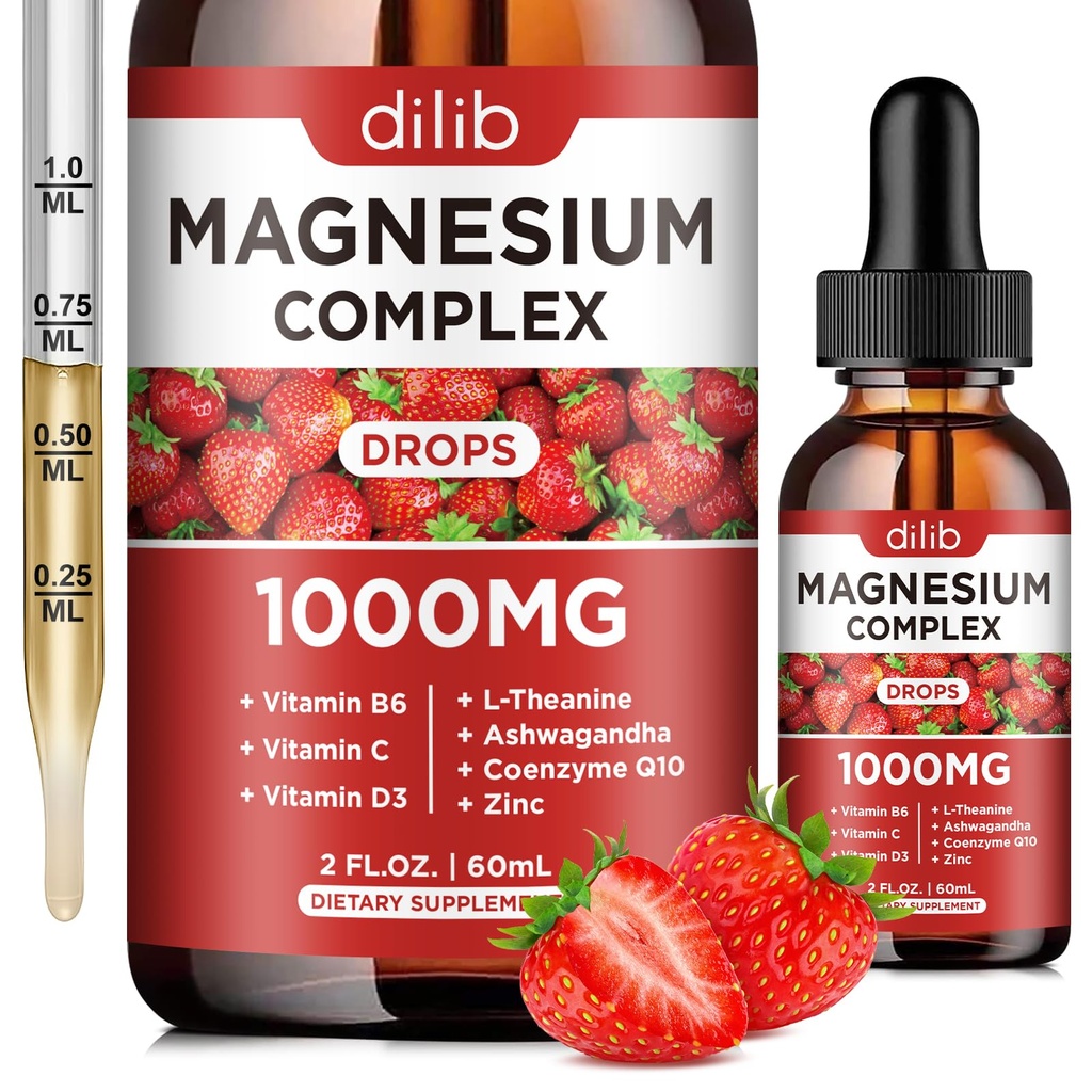 Triple Magnesium Complex Supplement, Magnesium Glycinate, Blend, Citrate Liquid Drops 1000mg met Ashwagandha, CoQ10, Vitamine B6, C, D, Zink -Support Calm Stress Relief, Bot, Spier, Mood Vegan