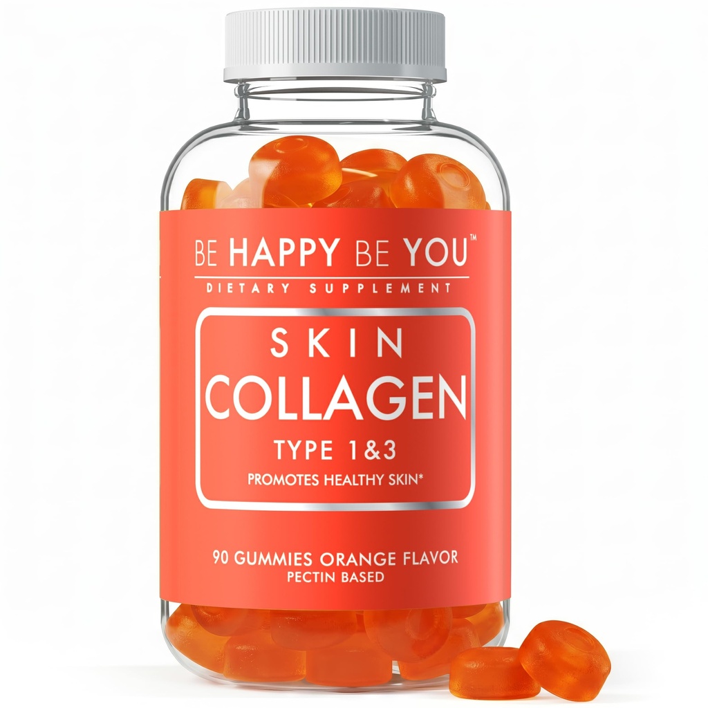 Skin Collagen Gummies Type 1 and 3 - 90 Count Orange Flavor - Bovine Collagen Peptides - Promotes Healthy Skin - Pectin Based - Gelatin Free - Non GMO - Made in USA