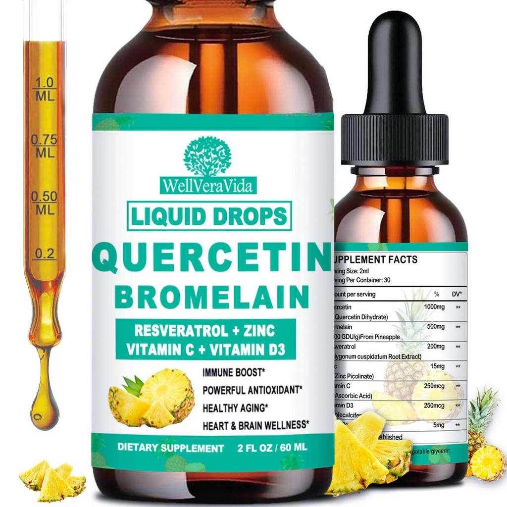 quercetine met bromelaïne vloeibare druppels, 4X sterker dan capsules & pillen, 7-in-1 biologisch zink quercetine 1000mg met bromelaïne 500mg vitamine C D3 Immuun Ondersteuning voor respiratoire gezondheid & antioxidant