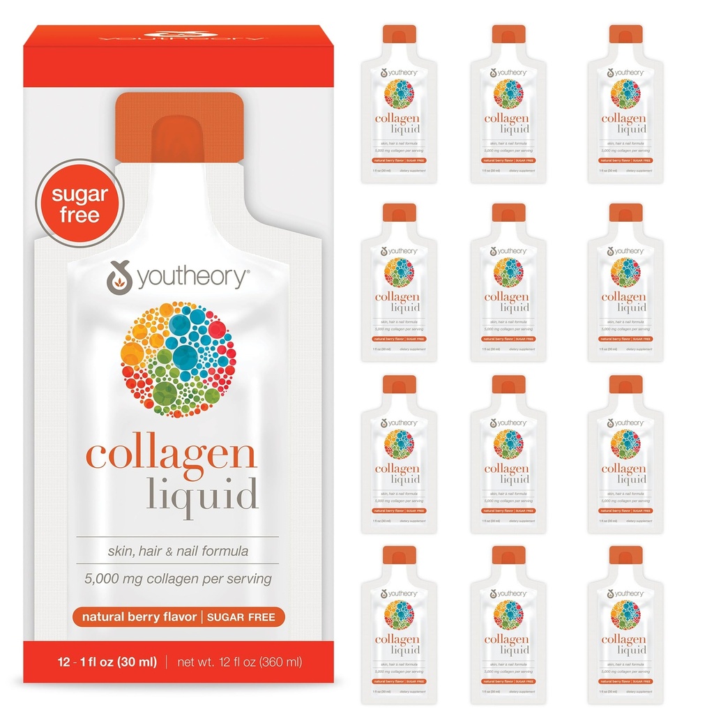 Youtheory Collagen Liquid for Hair Skin and Nails with Collagen Peptides and Amino Acids, Gluten Free Drinkable Supplement, Berry Flavor, 12 Single Serving Packets (Pack of 2)