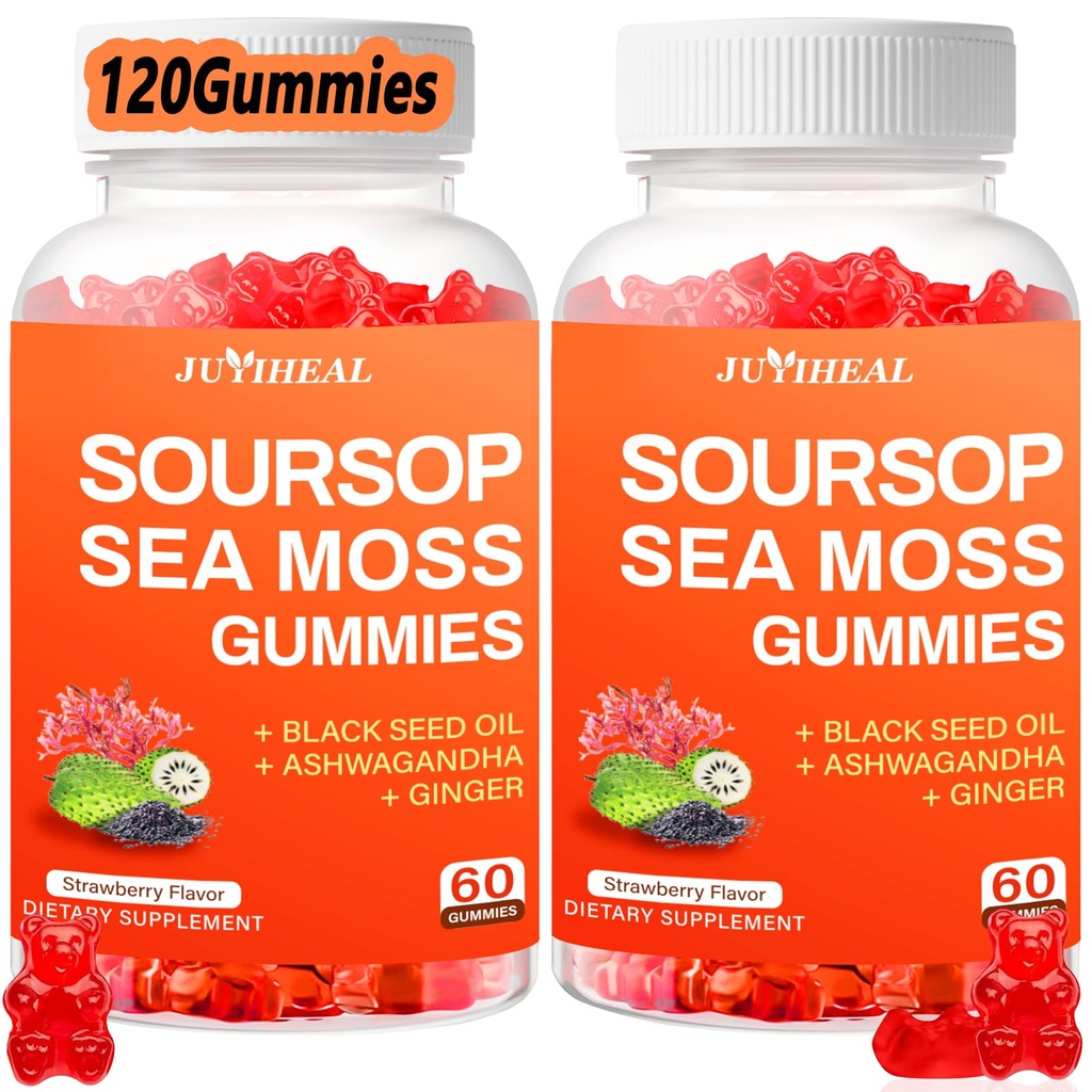 (2 Pack) Soursop Graviola with Sea Moss Gummies, 10-in-1 Soursop Leaves Extract with Vitamin C, Zinc for Immunity and Antioxidant, Gluten Free, Vegan 120 Gummies