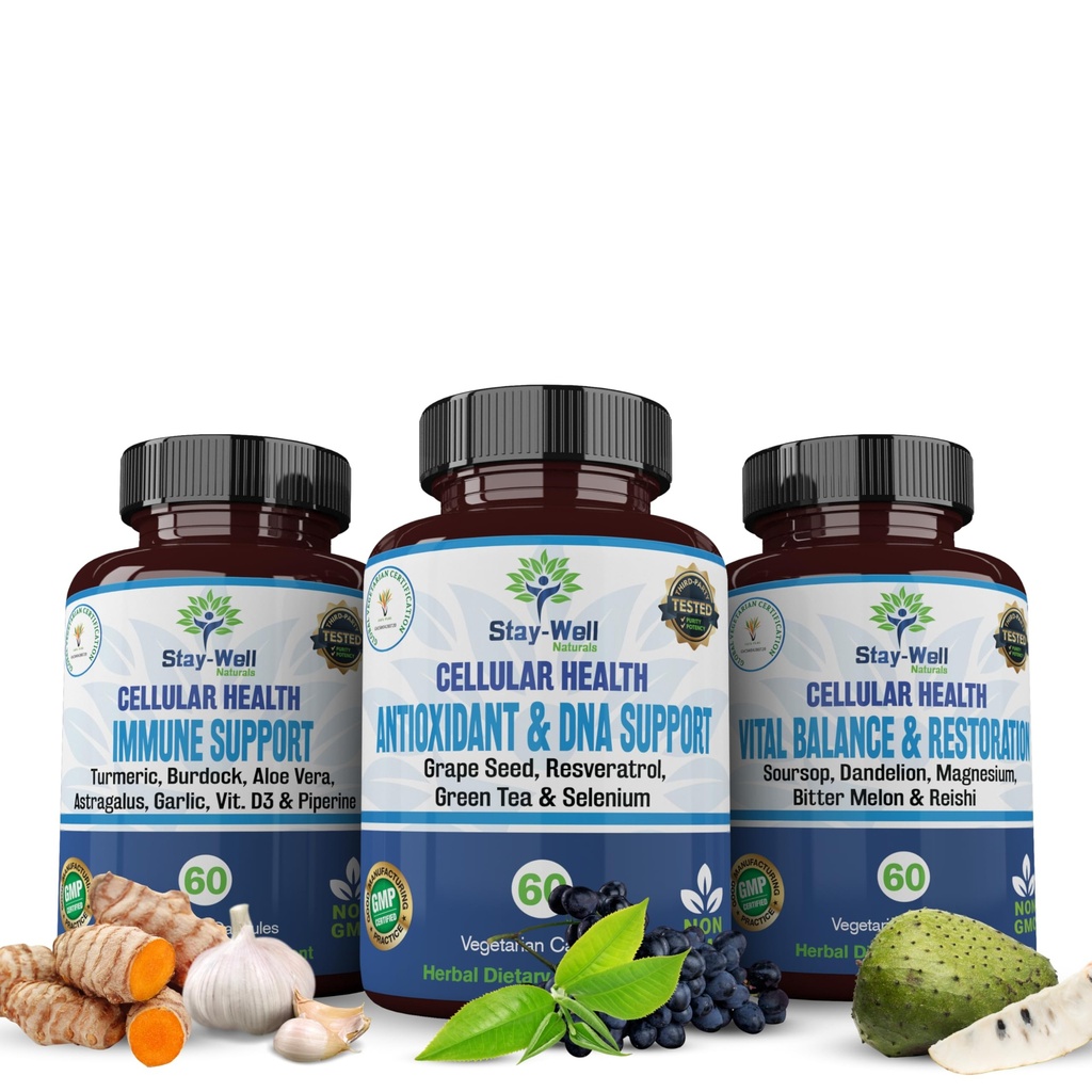 Stay-Well Naturals Soursop Capsules with Black Seed Oil, Sea Moss, Moringa, Turmeric, Resveratrol and Green Tea – Cellular Health, Immune, Antioxidant Support Formula – 3 Bottle Protocol