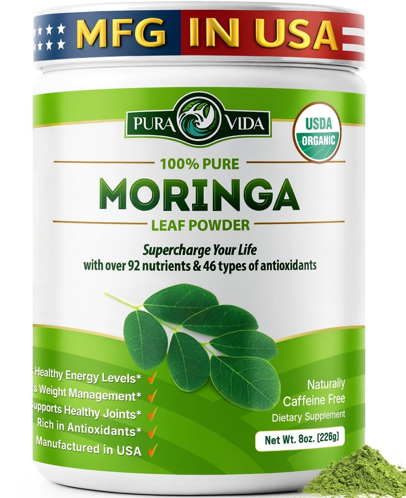 PURA VIDA MORINGA Powder Organic Single Origin - Premium 100% Leaf Powder, USDA Organic Moringa Oleifera, Moringa Leaf Powder - Perfect voor Smoothies & Recepten. 8 oz.