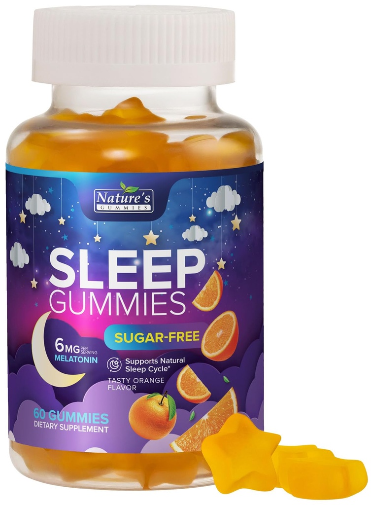 Sleep Gummies Supplement 6mg - Suikervrije Melatonine Gummy voor volwassenen, Natural Zero Sugar Slapen Gummy voor volwassenen, kinderen, Orange Flavored, Vegan, Extra sterkte Slaap Vitamine Ondersteuning - 60 Gummies