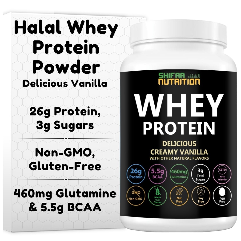 SHIFAA NUTRITION Delicious Creamy Vanilla Halal Whey Protein Powder 2Lbs | 26g Protein, 5500mg BCAAs, and 460mg Glutamine | for Recovery & Lean Muscles | Gluten-Free | Non-GMO | Keto-Friendly