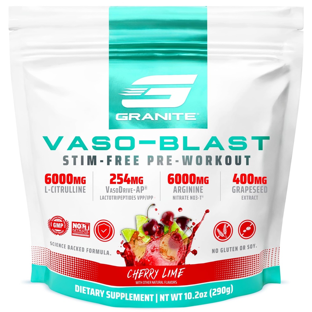 Granietsupplementen Vaso Blast, Cherry Lime Flavor, Stimulant-Free Pre-workout voor mannen en vrouwen met druivenzaad Extract, Arginine Nitrite, & VasoDrive-AP voor Max Pump (20 Servingen)
