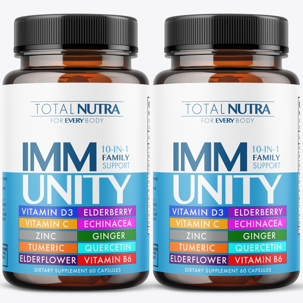 10-In-1 Immuun Ondersteuning Supplement: Immuun Boosters voor volwassenen & kinderen Dagelijkse immuniteit verdediging met belangrijke Immuun Systeem Vitaminen Zink, Vitamine C en D, Plus Vlierbes, Quercetin, Echinacea & Meer, 60 Caps