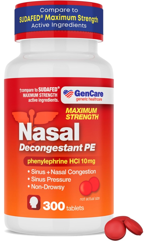 GenCare - Dégonflement nasal (10mg Comprimés) Phénylephrine HCl (300 Comprimés par bouteille)