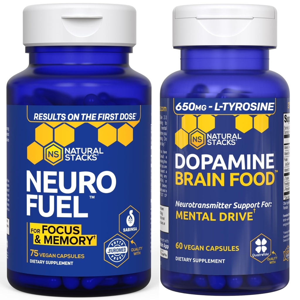 NATUURLIJKE STAKKEN NeuroFuel Nootropic + Dopamine Brain Food Bundle - Ondersteunt Geheugen, Motivatie & Focus* - 135 Totaal Capsules