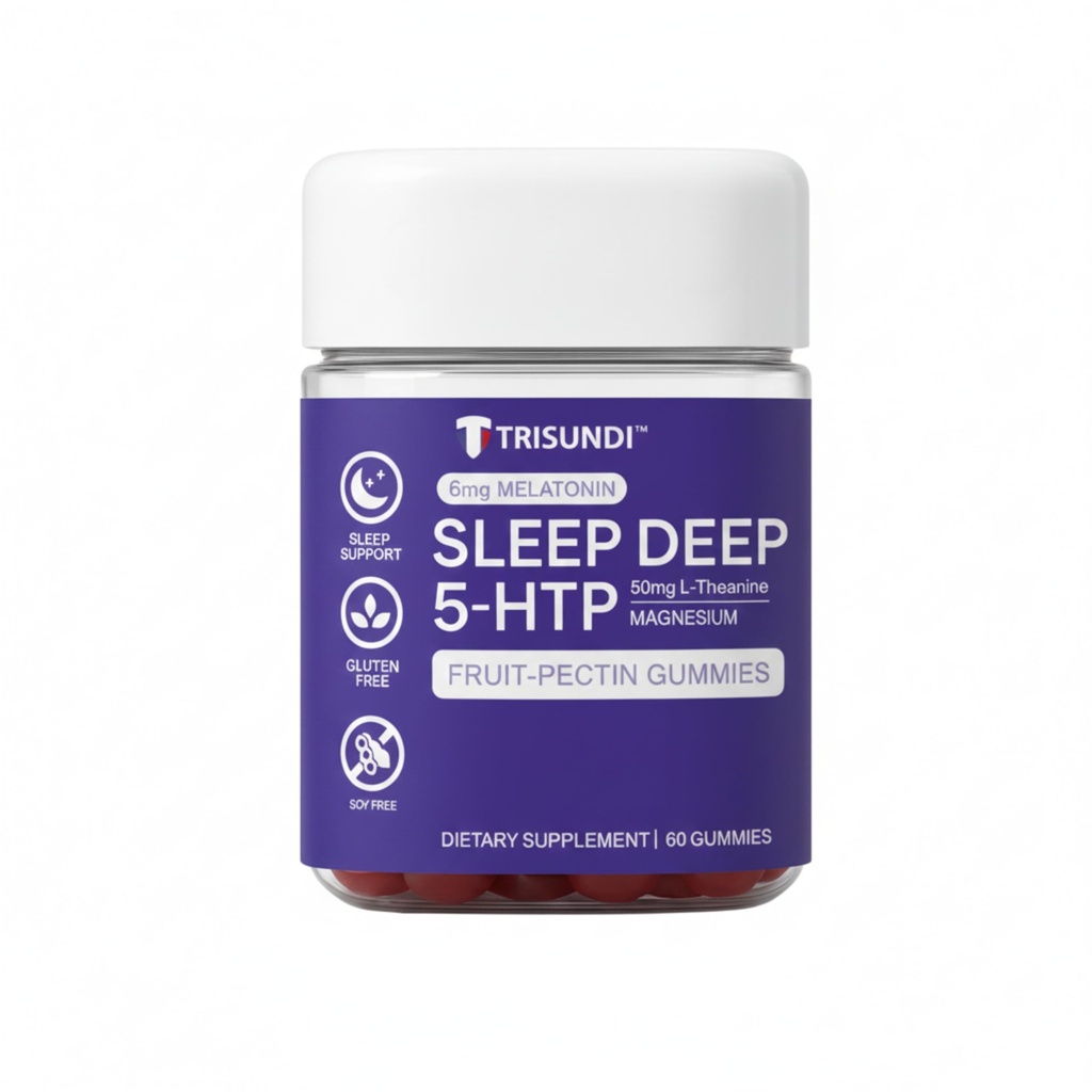 Trisundi® Sleep Gummies Deep Relax 5-HTP Gummies – Melatonin, L-Theanine & Magnesium – Vegan Fruit-Pectin Formula – Gluten & Soy Free – 60 Gummies