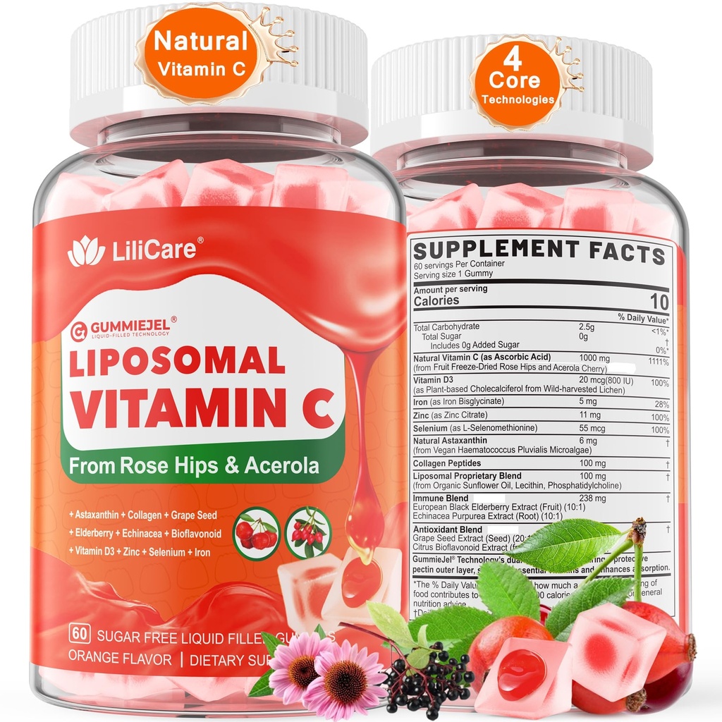 Natuurlijke liposomale vitamine C 1000mg Gummies voor volwassenen & kinderen 9+, Kauwbare vitamine C w/11mg zink, D3, Vlierbes, Echinacea, , Bioflavonoïde, Immune Support, Whole Food VIT C van vruchten, Suikervrij